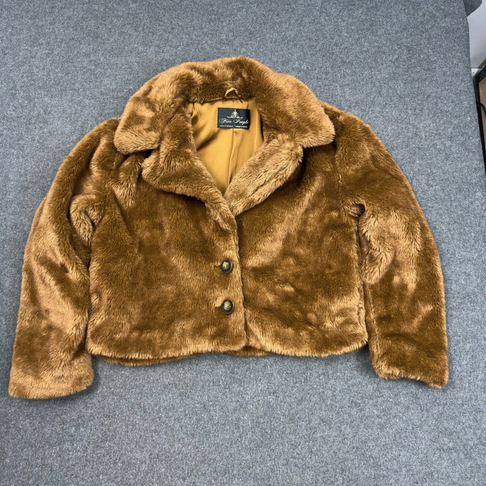 Free People Faux Fur Cropped Jacket Ginger Brown Small RN86170
